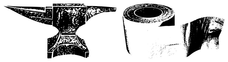 Obraz premium Rugged anvil and heavy iron roll presented in a high contrast stencil style. This metalworking gear, including the block and steel coil, features a distressed texture.