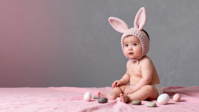 Baby wearing bunny hat with eggs