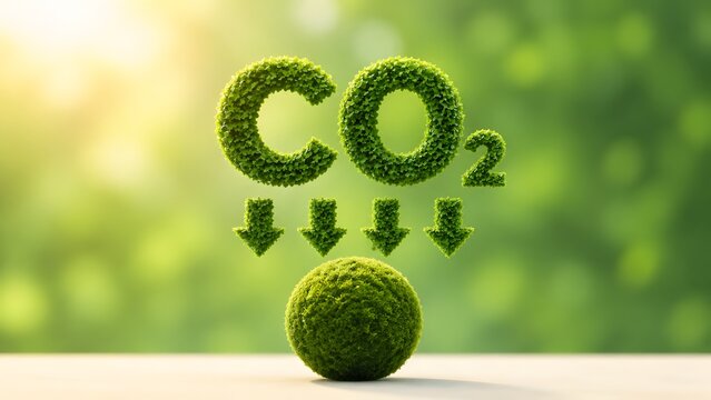Carbon dioxide reduction concept with green leafy CO2 text downward arrows and mossy earth sphere