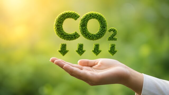 Environmental protection concept with hand supporting floating leafy CO2 text and downward arrows decreasing carbon footprint