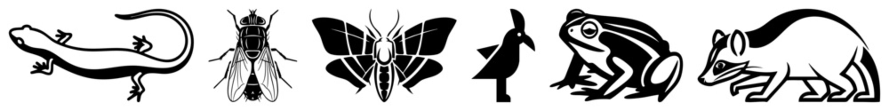 Set of diverse wildlife featuring a gecko, a fly, a moth, a bird, a toad, and a badger. These stylized critters and bugs are rendered in a clean stencil aesthetic.