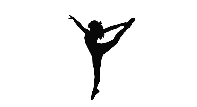 Gymnast silhouette captures a female figure in a dynamic pose with one leg extended upwards and arms outstretched, demonstrating flexibility.