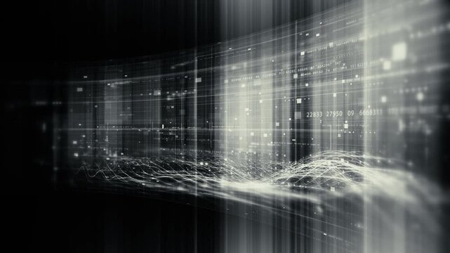 Futuristic data network visualization with glowing digital streams, big data analytics interface, cyber technology background and communication system in curved virtual display