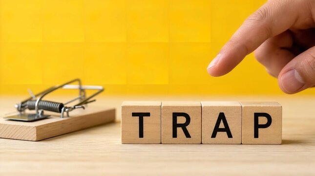 A human finger pointing at wooden blocks spelling the word trap next to a metal mouse trap on yellow background