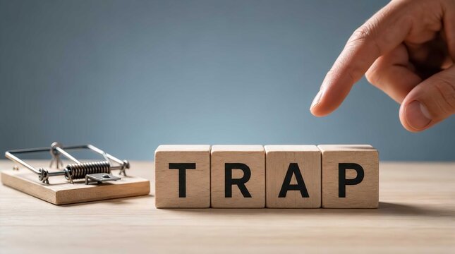A human finger points towards wooden blocks spelling the word trap next to a metal mouse trap on wooden surface