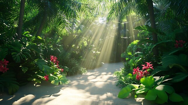 Sunlight streaming through palm trees onto a sandy tropical path with vibrant red flowers in a lush jungle forest