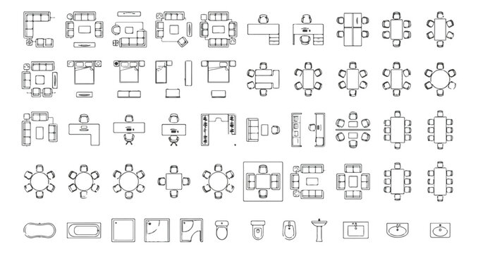 Modern office furniture floor plan icons, architectural top view symbols for interior design, professional workspace layout vector set