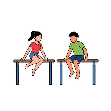 Two Children Sitting on Parallel Bars Exercise Equipment, Flat Vector Illustration Isolated with Transparent Background for Fitness or Playground Use