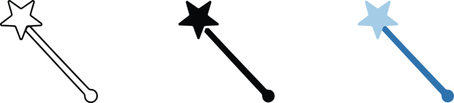 Three magic wands with star tips in black white and blue
