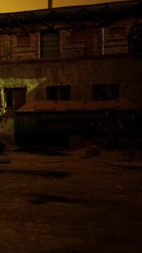 A dark alley shows old brick buildings and broken windows. A trash bin is present next to discarded items on the ground. The scene is lit by sudden light creating shadows.