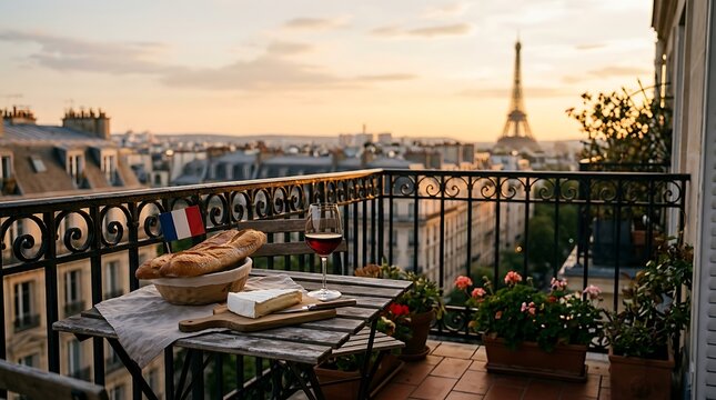 Romantic evening on a parisian balcony with wine and cheese