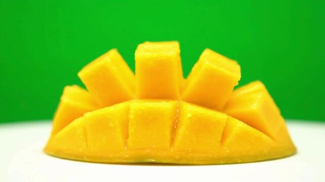 Freshly sliced ripe mango cut into cubes and ready to eat presented on a white surface with a vibrant green background perfect for healthy food concepts