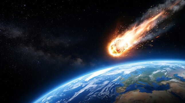 Burning asteroid falling towards planet earth in outer space