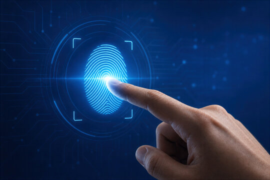 Fingerprint authentication fingerprint scan biometric identification technology concept with finger touching glowing blue fingerprint sensor for security access control and identity verification