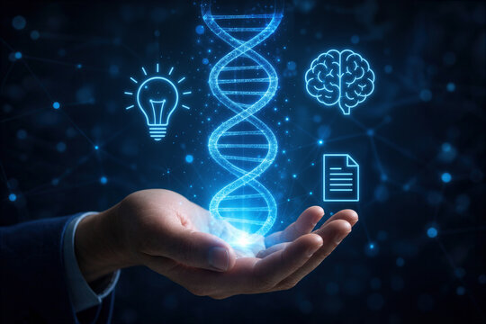 Hand holding glowing blue DNA helix with lightbulb brain and document icons symbolizing innovation genomics intellectual property and biotech concept for research and patent strategy