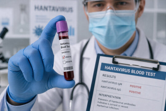 Hantavirus blood test vial and positive diagnostic results on clipboard showing hantavirus IgM IgG detection clinical sample research diagnostic positive negative