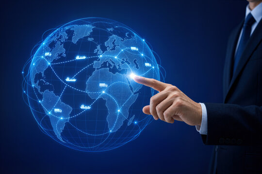 Businessman touching digital globe with global trade routes highlighted maritime shipping lanes logistics network international trade connectivity and supply chain concept on blue gradient background