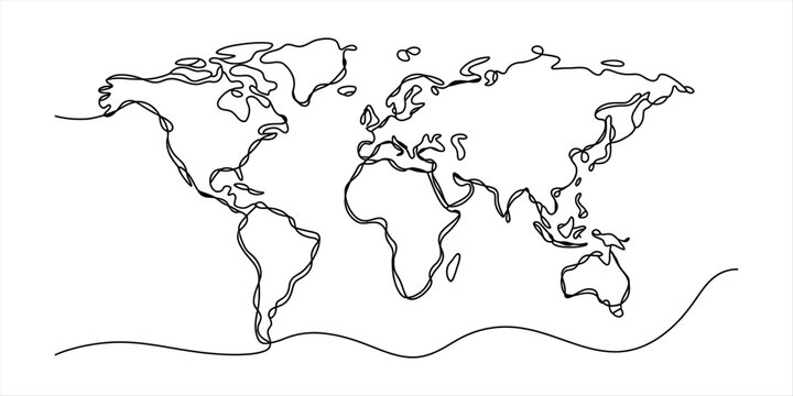 Continuous single line drawing of a world map showing all continents in a simple minimalist style for global travel and geography design concepts