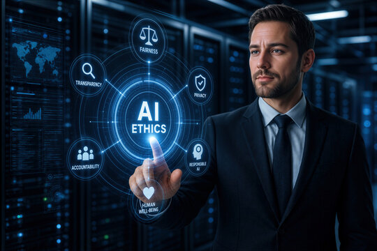 Business professional touching AI ethics core hologram in futuristic data center with transparency fairness privacy accountability human well being responsible AI governance concept