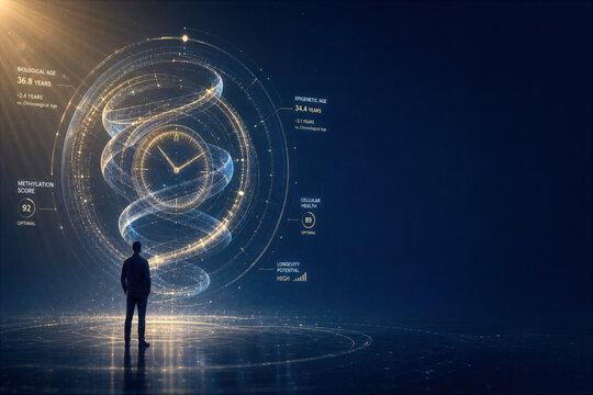 Epigenetic aging clock hologram with translucent spiral rings glowing data points representing cellular health longevity biomarkers preventive medicine and biohacking visualization