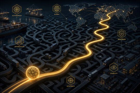 Autonomous logistics maze with glowing AI route guiding sphere through complex supply chain network global trade optimization resilience visibility efficiency autonomous management