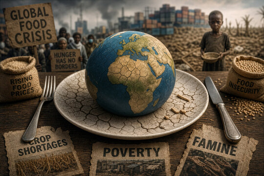 Global Food Crisis concept with Earth on cracked plate symbolizing rising food prices crop shortages famine poverty food insecurity global agricultural impact humanitarian emergency