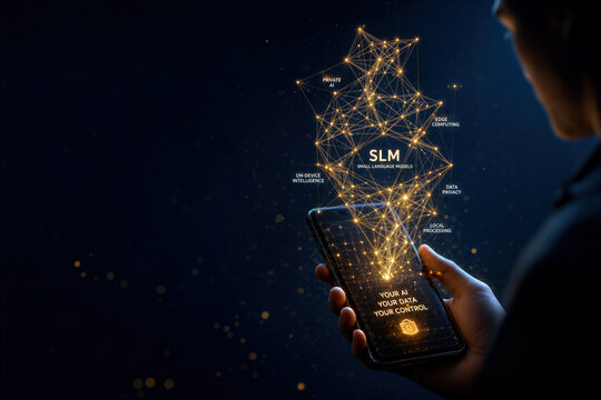 Small Language Models SLM on-device intelligence emerging from mobile device glowing neural lattice symbolizing edge computing private AI data privacy mobile security decentralized AI