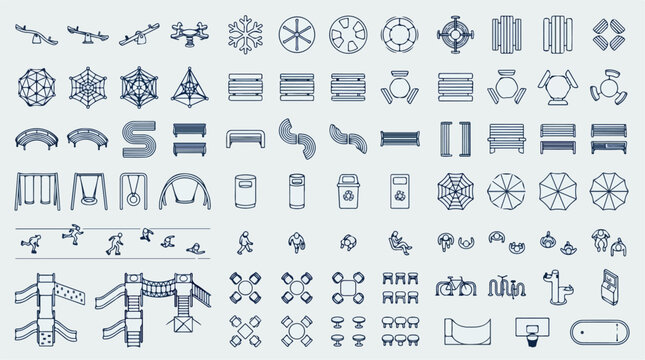 Landscape architecture symbols for site planning, park furniture and playground equipment vector icons, top view garden design elements