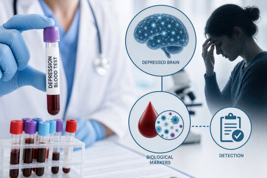 Depression blood test for detecting biological markers indicating a depressed brain mental health biomarker diagnosis tool doctor clinic research sample vial and infographic