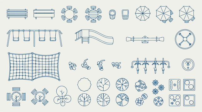 Landscape architecture symbols for park planning, playground equipment and outdoor furniture vector set, top view garden design elements