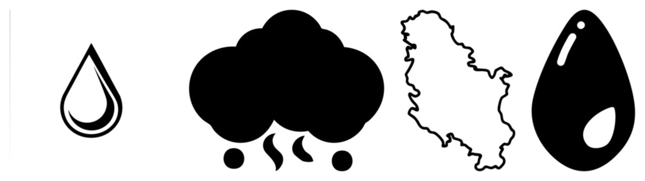 Collection of weather featuring a cloud, several water drops or rainlets, and a geographic of Albania. This set includes a raindrop, a cloud, and a map shape.