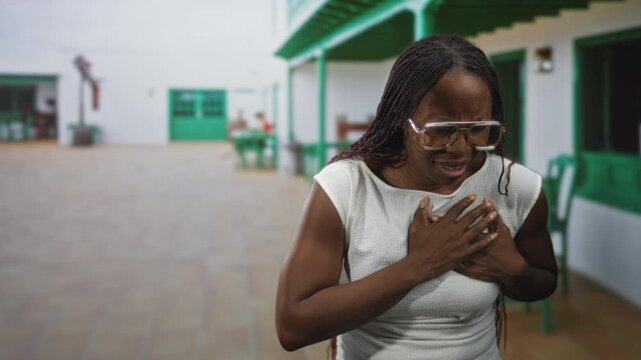 Young african american woman clutching chest for heartattack at tiled building courtyard, wearing white sleeveless top and large glasses while wincing in pain; panic.