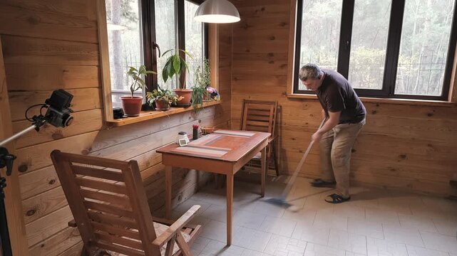 Man mopping floor in wooden cabin during routine household cleaning, maintaining tidy living space with regular domestic care indoors
