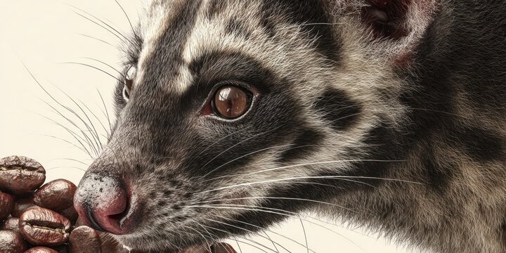 Close up of civet cat face with coffee beans on white background commercial uses