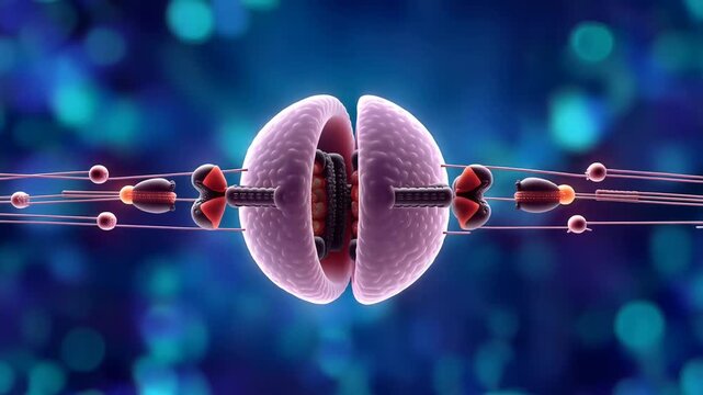 Microscopic cell division and replication animation showing a pulsating, glowing sphere splitting into two identical entities, symbolizing growth, reproduction