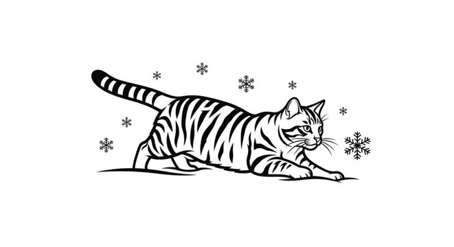 Black and white tiger stretching sideways.