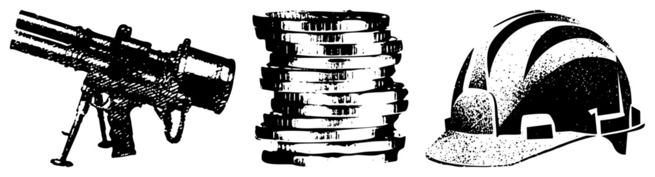 This gritty collection includes a field gun, gold doubloons, and a construction workers protective. These rough halftone assets feature high contrast textures.