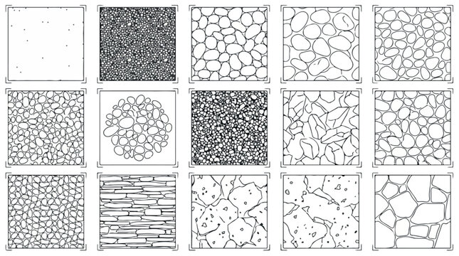 Architectural stone texture set, 15 hand drawn rock and pebble patterns, black and white line art paving swatches for landscape design and mapping