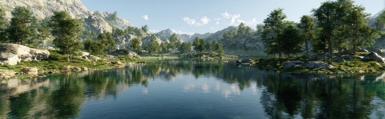 Fototapeta premium Tranquil lake scene with lush trees and mountains reflected in the water under a clear sky