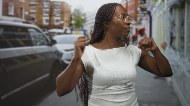 Young woman with crossed arms and hand on chest wearing clear glasses and braided hair, standing near parked cars and shopfronts on a street; impatience waiting introspection.