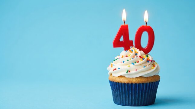 Birthday cupcake with lit candles forming the number 40 on top