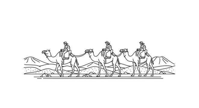 Camels walking in a desert line.