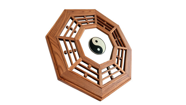 Traditional Chinese feng shui bagua mirror wooden octagonal protective talisman on transparent background
