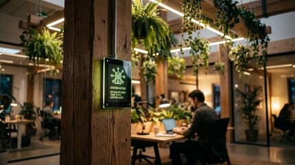 Obraz premium A smart thermostat displays temperature and humidity in green office with abundant greenery. Concept of technology, sustainability, and efficient workspaces for business environments. Generative AI.
