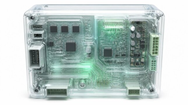 Electronic circuit board inside a transparent plastic protective case on white background.
