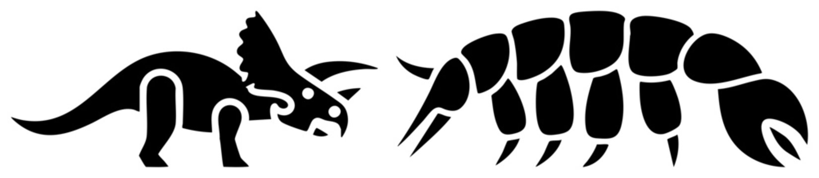 Striking duo featuring a prehistoric triceratops, also known as a horned dino, alongside a giant sea scorpion or eurypterid. These ancient appear in a clean stencil style.