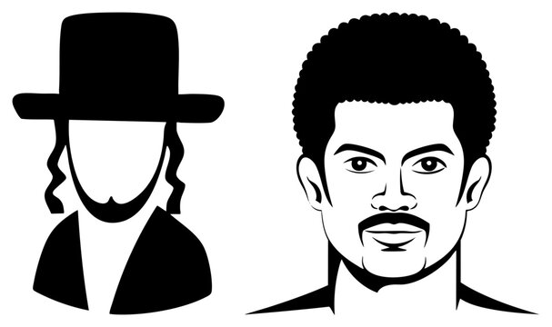 Stylized stencil of a man wearing a traditional fedora and sidelocks alongside a portrait of a man with an afro. These character silhouettes, or headshots, feature high contrast.