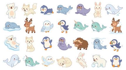 Obraz premium Cute Arctic Animals Vector Collection - Cartoon Wildlife Illustration for Kids with Polar Bear, Penguin, Fox, Walrus, Narwhal
