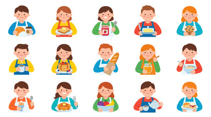 Fototapeta premium Flat Vector Culinary Characters: Diverse People Cooking Eating Breakfast Food. Food Drink Collection.