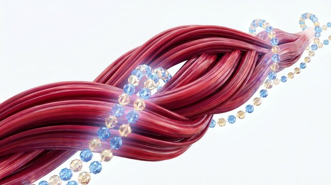 Isolated 3D render of abstract muscle fibers with amino acid chain for protein synthesis concept on white background